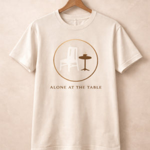 Minimal beige T-shirt with Alone at the Table design